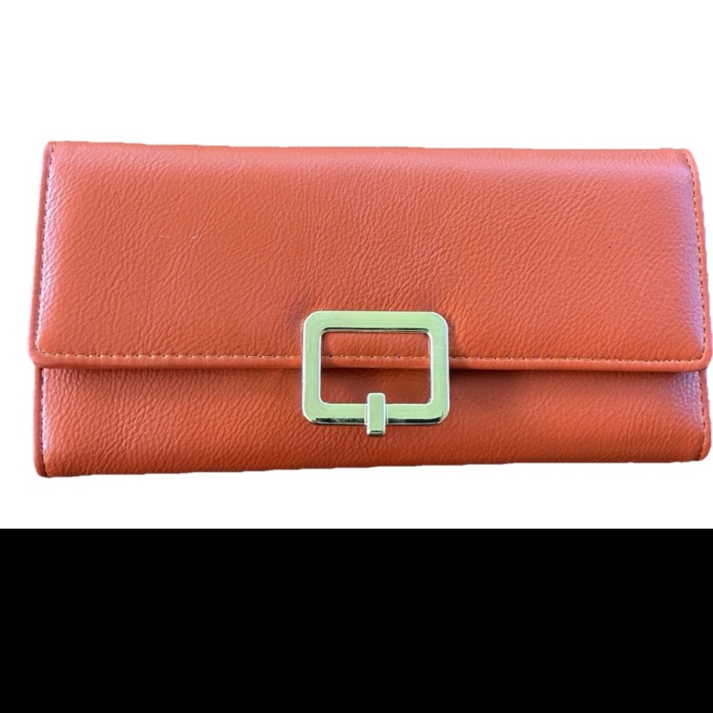 KB In Black by Mundi Woman's Orange Leather Wallet Clutch- Gold tone Buckle-NWT
